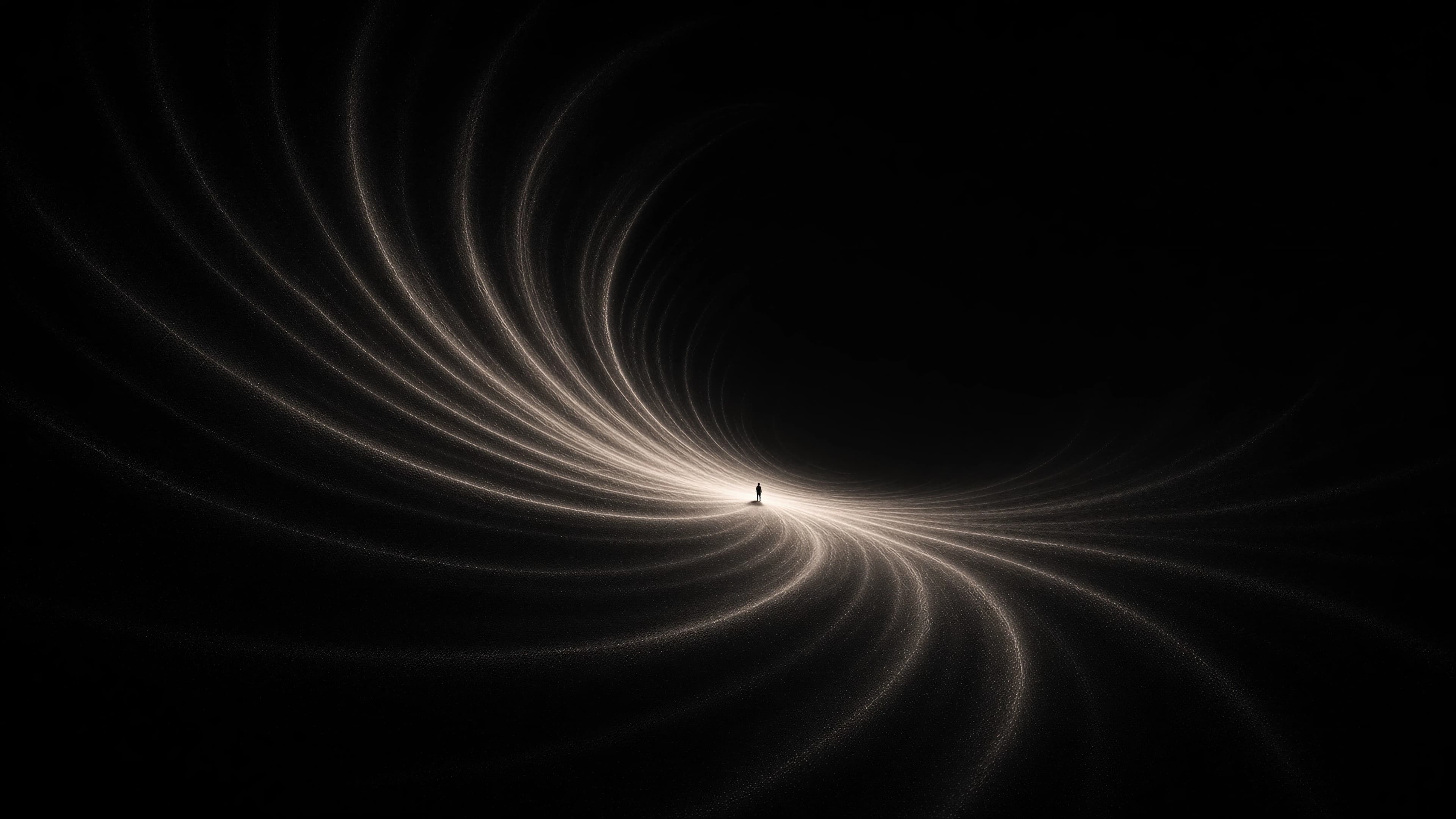 Lone silhouette amid grainy gold light trails in a dark void